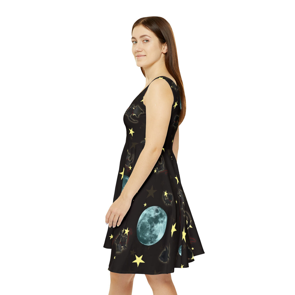Little Wolf and Moon and Stars Skater Dress · Poster Print