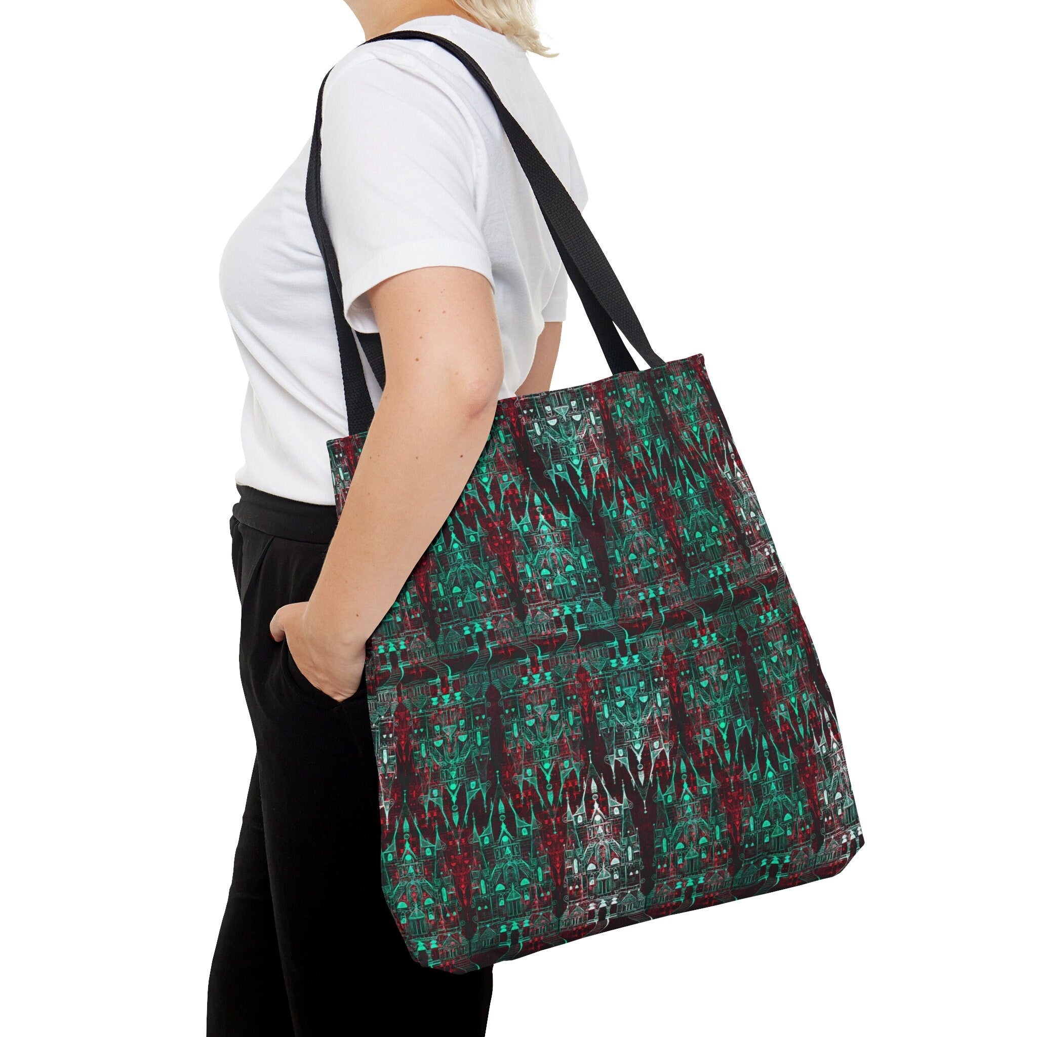 Cinderellas Castle in Green and Red Neon · Tote Bag