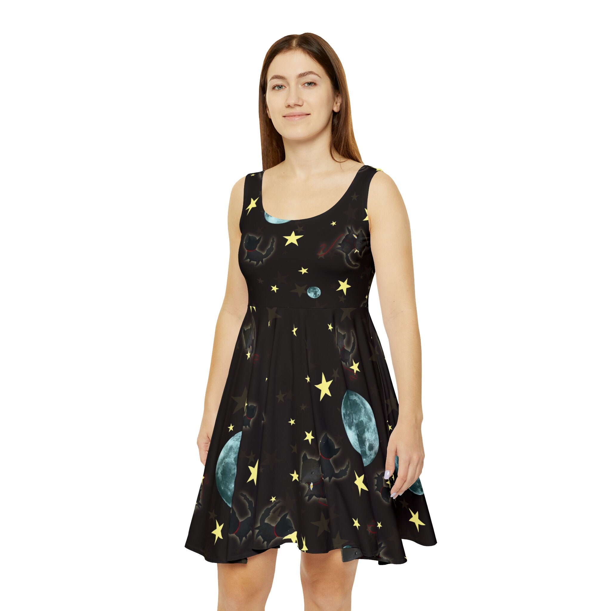 Little Wolf and Moon and Stars Skater Dress · Poster Print