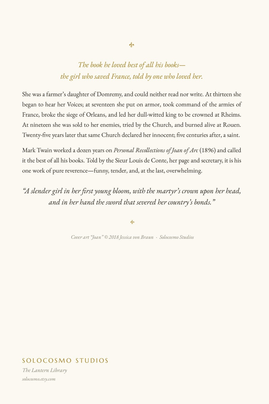 Personal Recollections of Joan of Arc, back cover